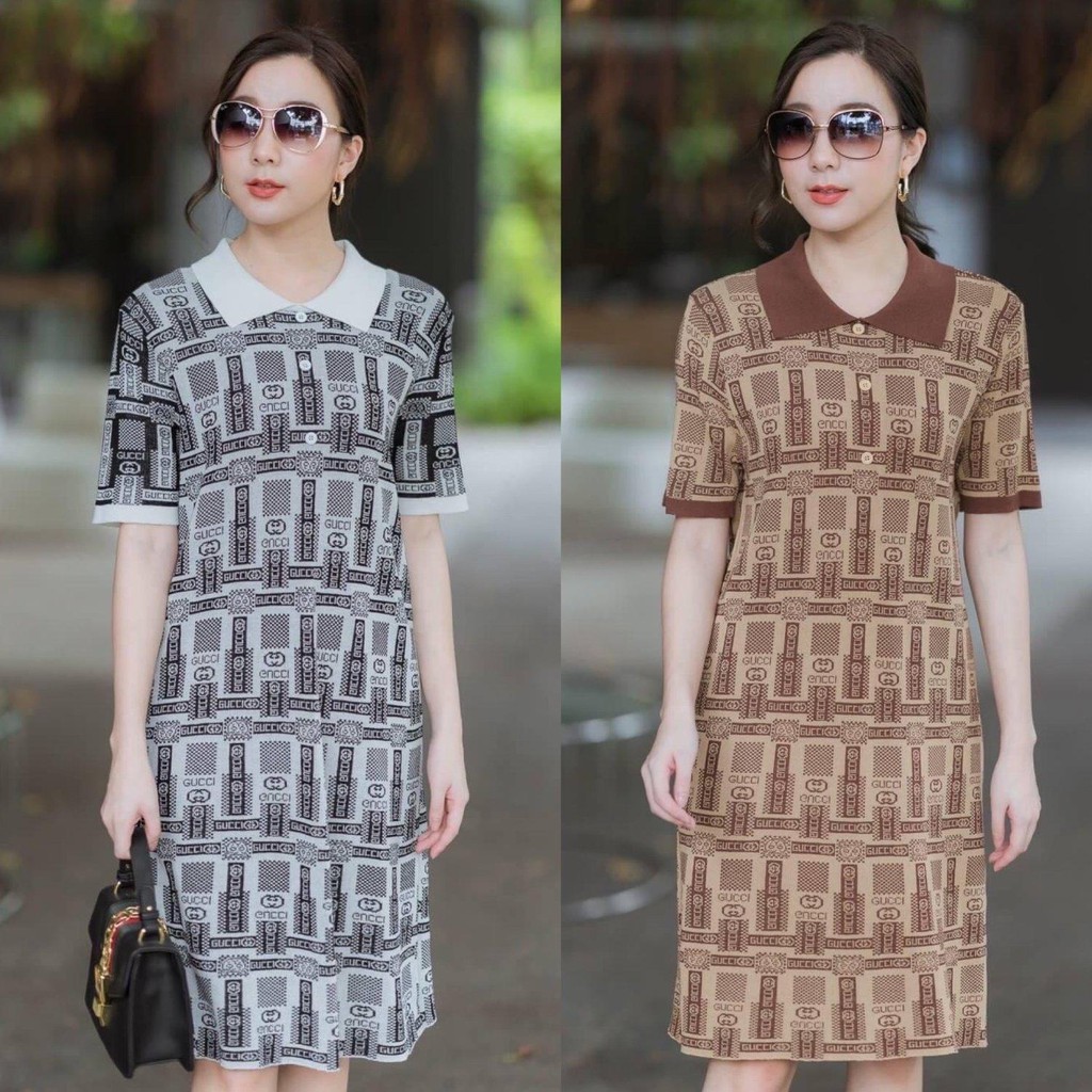 Code no:2005013037-Lovelysis เดรสคอปกผ้า knit ทอลายแบรนด์ Gucci ทั้งตัว แต่สีเรียบช่วงคอ  ผ้านิ่มไม่