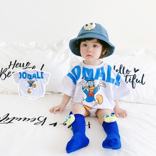 ชุดจัมพ์สูทสําหรับเด็กทารกผู้ชายผู้หญิงแขนสั้นลายการ์ตูน Donald Duck