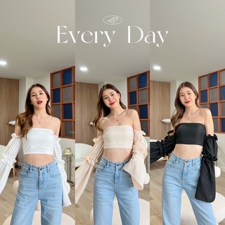 พร้อมส่ง🍬 เสื้อเกาะอก ปาดไหล่แขนยาว สม็อคหลัง น่ารักเซกซี่ ป้าย Everyday