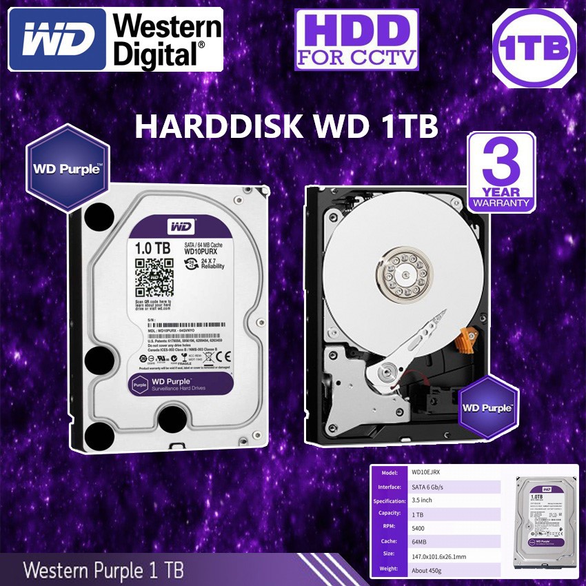 CCTV HardDisk purple ยี่ห้อ WD สำหรับกล้องวงจรปิดโดยเฉพาะ พื้นที่ 1 TB.(1000GB.)
