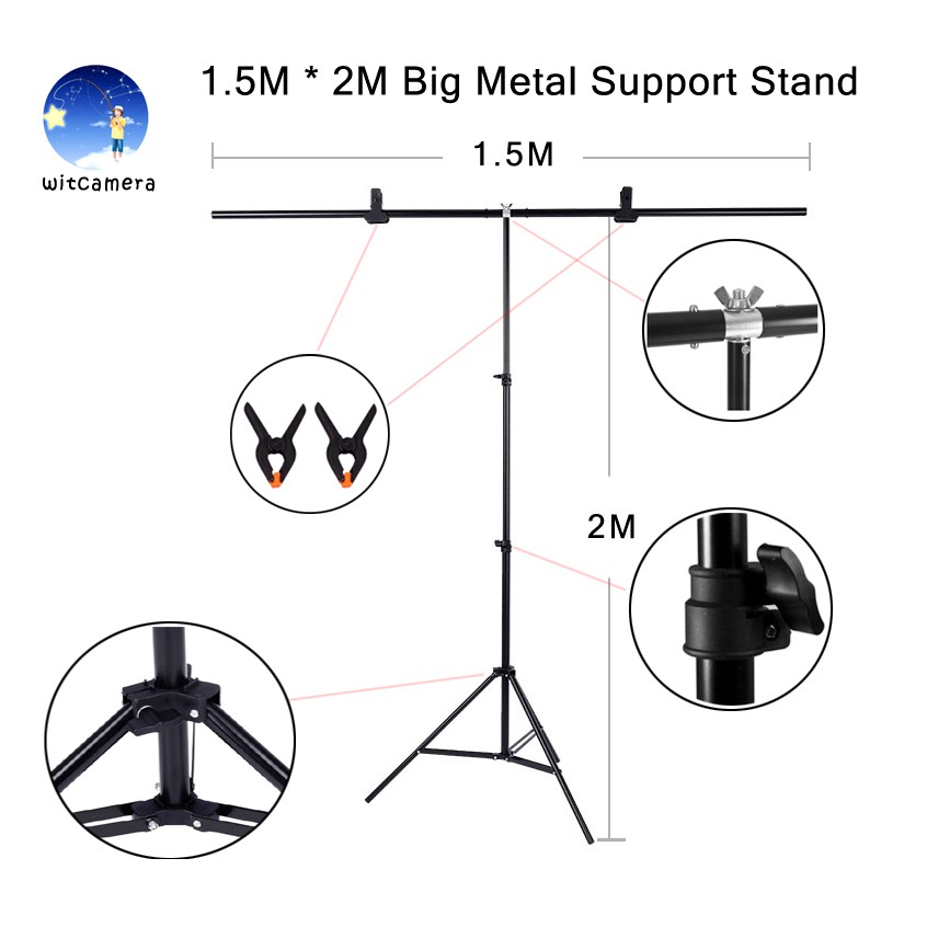 1.5M * 2M Big Photography Studio Video Metal Support Stand System Kit Set W/ Crossbar Clamps 2 * Clamps for PVC Backdrop