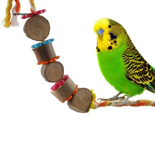 (SPRINGGREEN) Natural Wooden Blocks Floral Parrot Bird Cage Hanging Toy Swing Chew Ornament