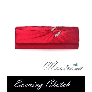 พร้อมส่ง Evening Clutch กระเป๋าออกงาน สีแดง จับเดรปแต่งคริสตัล พร้อมสายโซ่