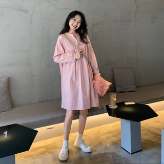 💗 Basic long pink dress ชุดเดรสสั้น แขนยาว คอจีน สีชมพู เนื้อผ้าโพลีเอสเตอร์ผสม 🌈