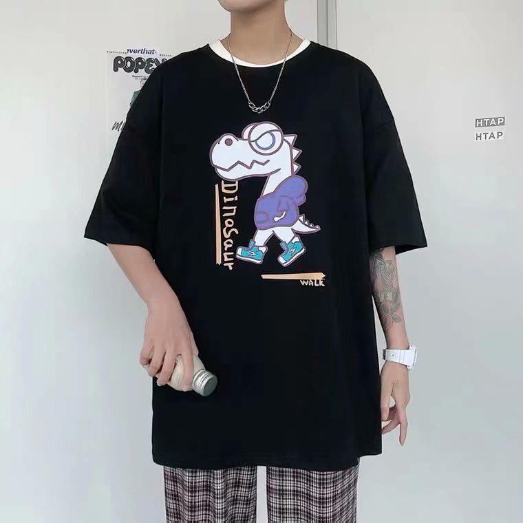 ส่งไวจากไทย เสื้อยืดลําลองแฟชั่นสําหรับผู้ชายแขนสั้นพิมพ์ลายไดโนเสาร์ Oversized สไตล์ฮิปฮอป:Black,XXL