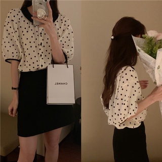 Suxi เสื้อเชิ้ตแขนสั้น คอปก ลายจุด ทรงหลวม สไตล์เกาหลีวินเทจ