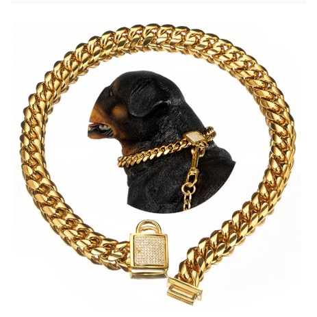 Gold Miami Dog Chain Plated Collars ปลอกคอสุนัขหนาขนาดใหญ่ Pitbull Curb Cuban Pet Link อุปกรณ์สัตว์เลี้ยงสแตนเลส 10 ~ 32 นิ้ว