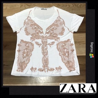 🌹แบรนด์แท้💯ZARA เสื้อยืดสีขาวลายกรีนสวยๆ คอแต่งดีเทลผ้าตาข่ายน่ารักๆ