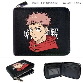 กระเป๋าสตางค์ใบสั้นแฟชั่นสําหรับเด็กผู้ชายผู้หญิงลายการ์ตูน Jujutsu Kaisen Gojo Satoru Inumaki Toge สีดํา