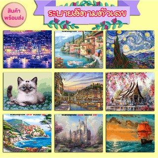 พร้อมส่ง! ภาพชุด2 ภาพวาด ระบายสี ภาพระบายสีตามตัวเลข ภาพวิว HOME DIY ภาพวาดสีน้ำมัน  ขนาด40x50cm ขึงเฟรมไม้ทุกชิ้น