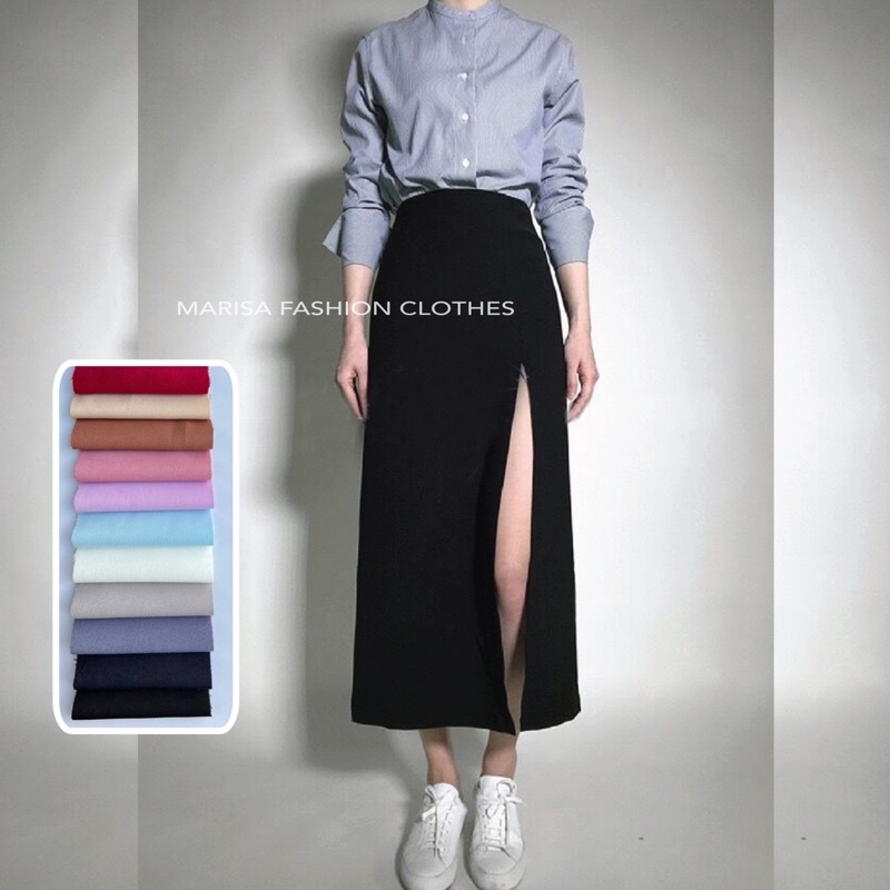 SS-3XLพร้อมส่ง กระโปรงยาวผ่าหน้า กระโปรงทำงาน ผ้าฮานาโกะ