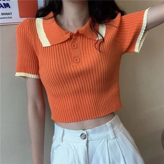 SALABO(พร้อมส่ง)เสื้อครอปเเขนสั้นไหมพรม คอปก(เอวลอย) ตัดขอบสี #M1