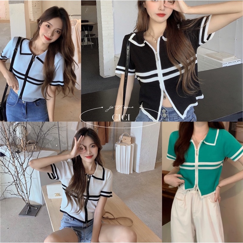 ส่งทันที Cici(NO. 1571)เสื้อครอปไหมพรมแต่งซิป ผ้าดียืดได้เยอะ สีทูโทนใส่แมทช์ง่าย