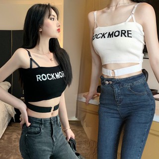 Korean🧧 เสื้อสายเดี่ยวแฟชั่น ลาย ROCK MORE สายปรับได้ ผ้าไหมำพรม