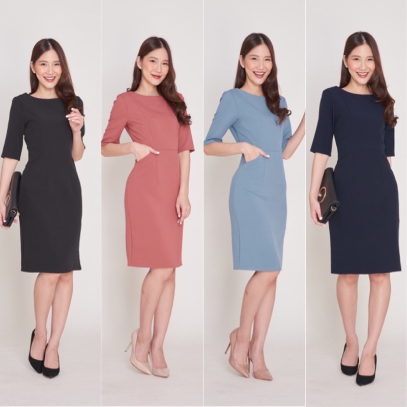 ✅ สีดำ พร้อมส่ง 2XL  3XL ✅ เดรสทำงาน Laboratory แขนสามส่วน