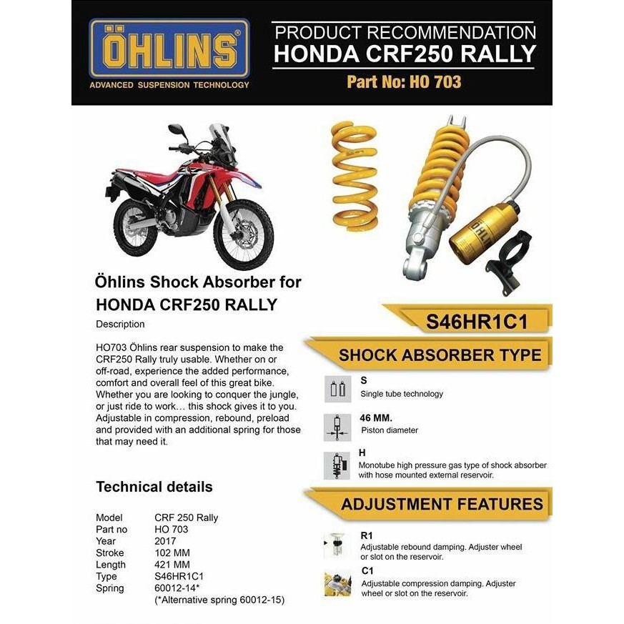 OHLINS โช๊คหลัง สำหรับ Honda CRF250Rally