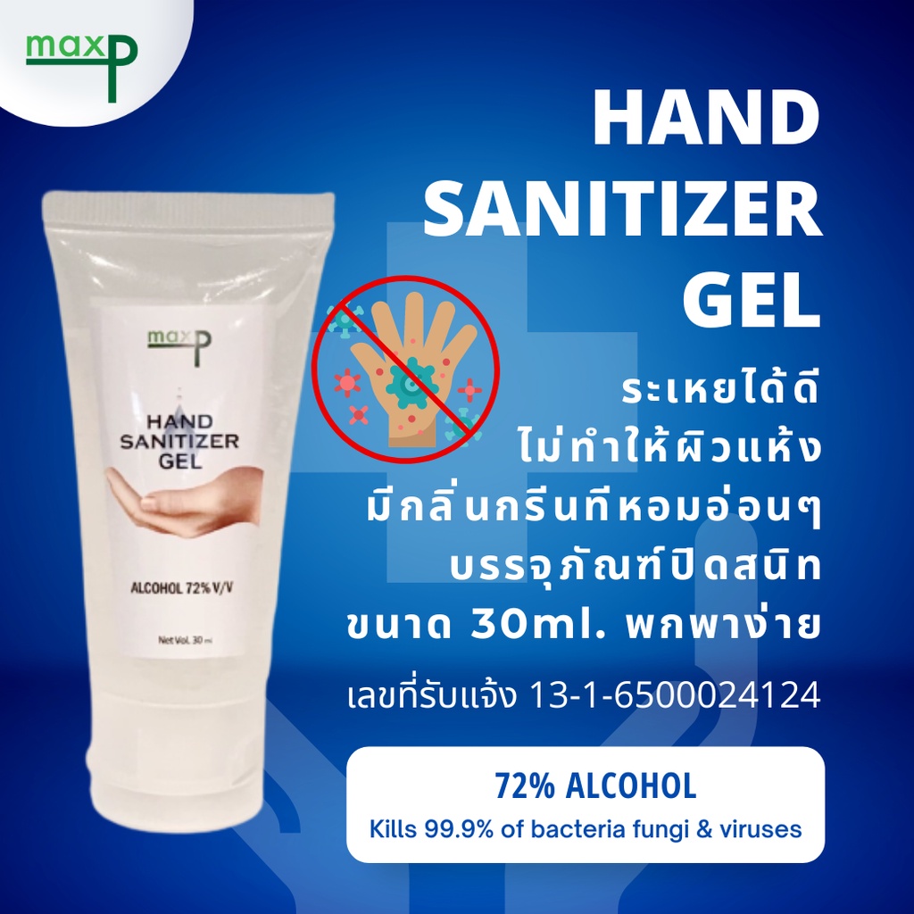 Maxp Hand Sanitizer Gel 30ml. เจลแอลกอฮอล์ ล้างมือ ฆ่าเชื้อโรคบนมือ ไม่เหนียวเหนอะหนะ