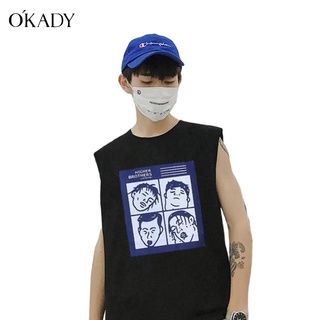 OKADY ผู้ชายแขนกุดแขนสั้น 2022 ฤดูร้อนใหม่แฟชั่นลำลองสี่คนพิมพ์เสื้อกีฬาชายหาดสีทึบแนวโน้มเสื้อยืด