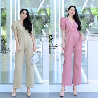 Dolly Long JumpSuit L XL 2XL 3 XL จั้มสูทขายาว สาวอวบ แขนพองตุ๊กตา ผ้าทอ สีแดง สีครีม ชุดออกงาน งานแต่ง คริสต์มาส