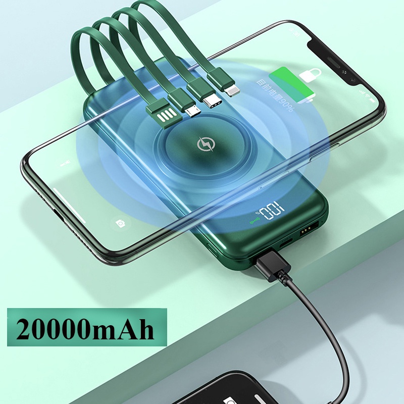 20000mAh Wireless Charger PowerBank iPhone 12 10000mAh Powerbank with 4 Cables Samsung Note 10 S21