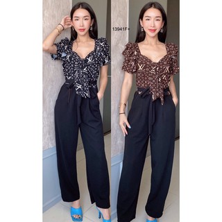 TW13941 Jumpsuit จั้มสูทไหล่ระบายลาย