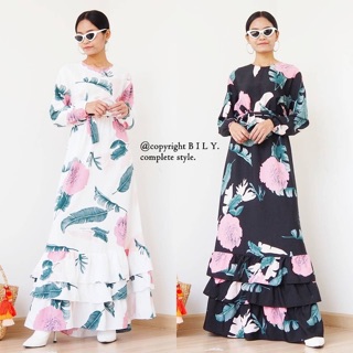 maxi dress ตัวยาว เนื้อผ้าน้ำหนักดีพริ้วทิ้งตัว รอบนี้ทอลายดอกไม้ดอกใหญ่แต่งสลับใบไม้สวยเก๋