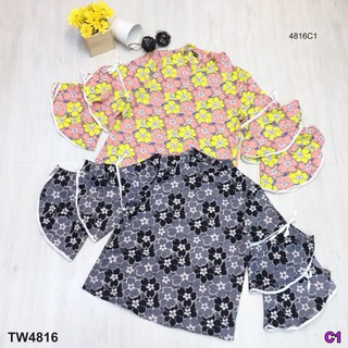 TwinsShopVip💗พร้อมส่ง TW4816 เสื้อแขนผ่าผูกเชือกโบว์ลายดอกระฆัง 3 ชั้น