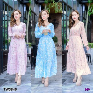 TwinsShopVip💗พร้อมส่ง TW3846 แม็กซี่เดรสลายดอก floral print maxi dress