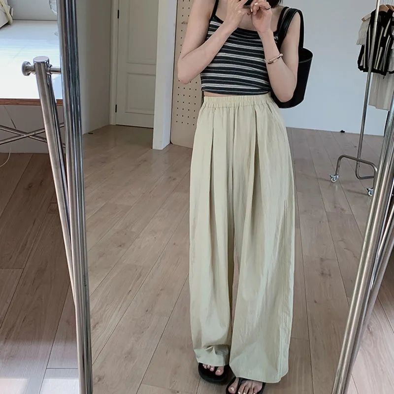 กางเกงขากว้าง จับจีบ ทรงตรง แบบบาง แฟชั่นฤดูร้อน สําหรับผู้หญิง - รูปที่ 2