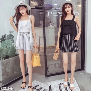 1287 Set 2 ชิ้น เสื้อสายเดี่ยวงานผ้าชีฟอง+กางเกงขาสั้นลายทางตรง