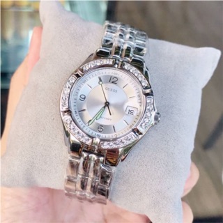 (ผ่อน0%) นาฬิกา GUESS Womens 37mm G75511M Sporty Silver-Tone สแตนเลส สีเงิน ล้อมคริสตัล