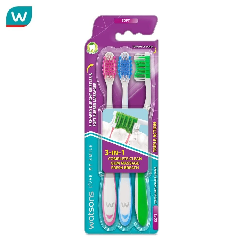 Watsons วัตสัน แปรงสีฟัน ทริปเปิ้ล แอคชั่น (ซอฟท์) 3ด้าม.