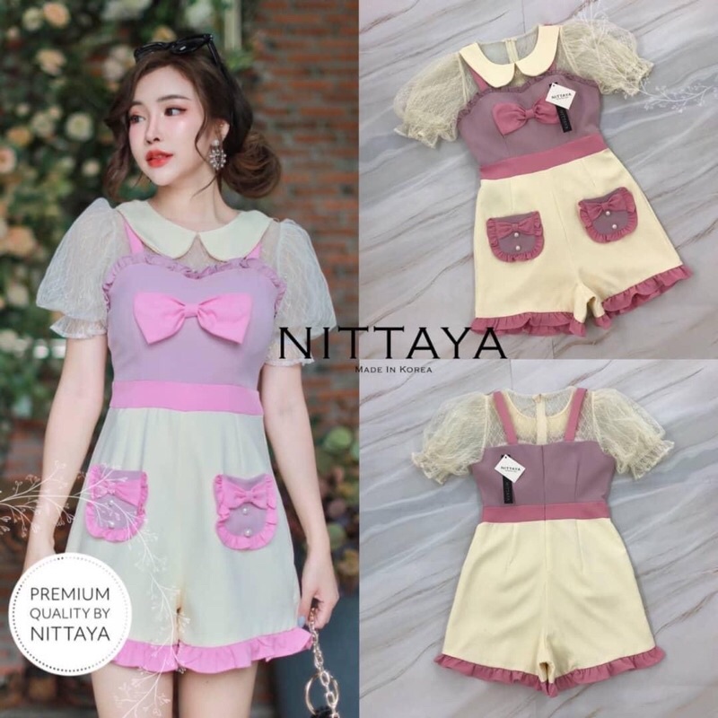 Nittaya brand จั้มกางเกงขาสั้นสีทรูโทนคอบัวมีโบว์ที่อก