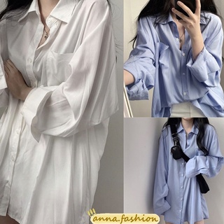 anna 637✨พร้อมส่ง✨ เชิ้ตผู้หญิง เสื้อเชิ้ตเก๋ไก๋ เสื้อเชิ้ตแขนยาว เสื้อคอปก โอเวอร์ไซส์ ปกเชิ้ตทำงาน