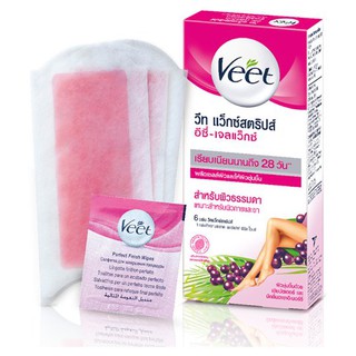 Veet วีท อีซี่ เจลแว็กซ์ แผ่นแว็กซ์กำจัดขน สูตรเชียร์บัตเตอร์และกลิ่นอาซาอิเบอร์รี่  6 แผ่น (8850360028914)