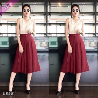 880 เสื้อแขนกุดผ้าลูกไม้ซีทรูทั้งตัวคอวี+กางเกงขาบาน