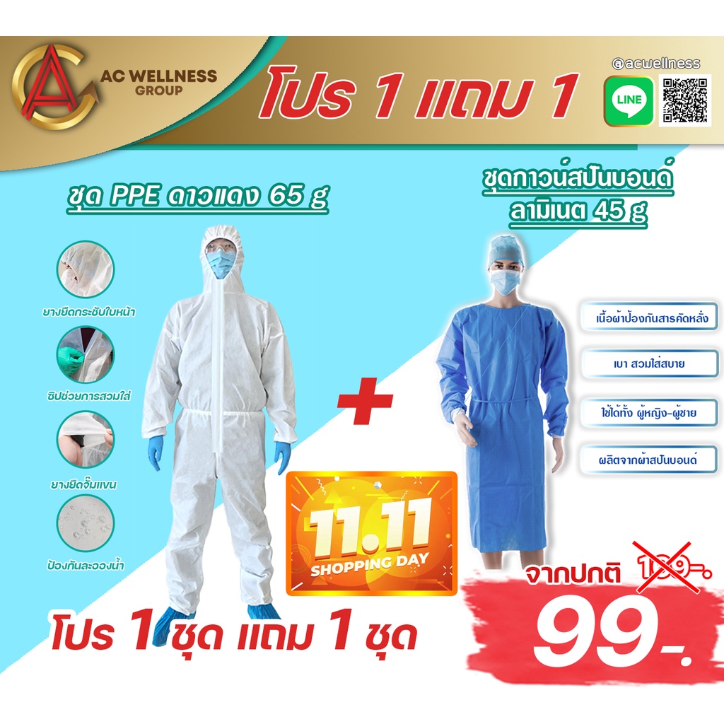 (โปร 11.11 ซื้อ 1 แถม 1)ชุด PPE ป้องกันเชื้อโรค หนา 65 แกรม 1 ชุด+เสื้อกาวน์สปันบอนด์ ลามิเนต 1 ชุด