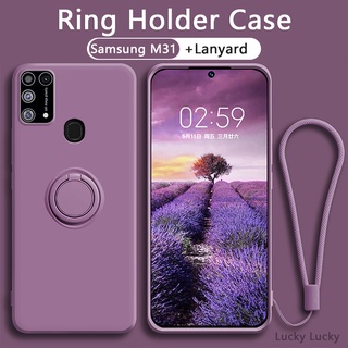 เคส Samsung M31 M32 M51 M10 M12 M22 A10 สุดหรู Case เคสซิลิโคนเหลวพร้อมที่ใส่แหวนแม่เหล็กเชือกเส้นเล็กฟรีสำหรับ Galaxy ที่วางแหวนที่วางฝาครอบสายคล้องเชือกผู้ถือแม่เหล็ก