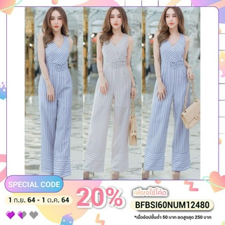 จั๊มสูทแขนกุด VNeck Stripe Jumpsuit