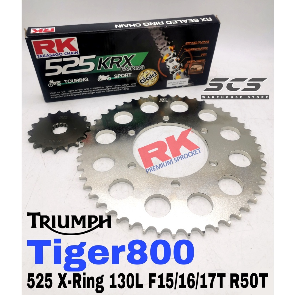 ชุดเฟือง RK Triumph Tiger 800 GB KRX X-Ring โซ่สีดําทอง Rantai Xring 525 Tiger800 TriumphTiger800 XR