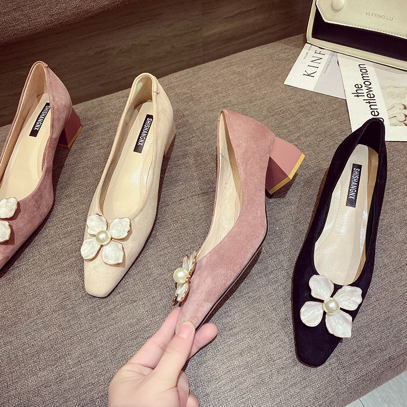 SL812 READY BEIGE/BLACK/PINK - 4CM TOFU HEELS - SUEDE MATERIAL - SIZE 35-39