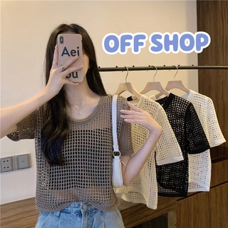 OFF SHOP พร้อมส่ง (OFF-73178) เสื้อถักไหมพรม แขนสั้นคอกลม ตาข่ายเล็กๆน่ารักมาก -C