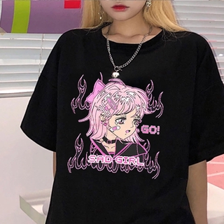 เสื้อยืดลําลองสําหรับสตรีแขนสั้นพิมพ์ลาย Anime Steampunk E - Girl Y2K Esthetics