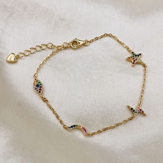 Dainty Rainbow Charm Bracelet, 18K Gold Plated Sterling Silver Bracelet B0001 | เงินแท้ 925 ชุบทองเเท้ 18 กะรัต