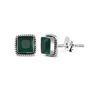 Silver thai 925 Silver Emerald Green Square Stud Earringต่างหูสตั๊ดสี่เหลี่ยมสีเขียวมรกตเงินแท้ 925