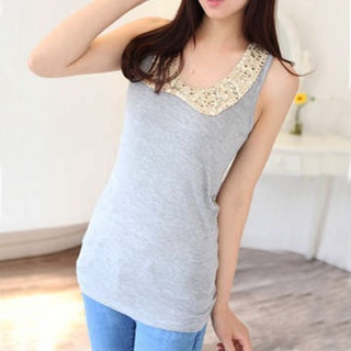 🎀พร้อมส่ง🎀 เสื้อแขนกุด เสื้อกล้าม เสื้อยืดแขนกุดผ้าคอตตอนลูกฟูก แต่งโครเชต์ปักเลื่อม-10239