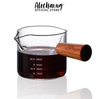 Alechaung แก้วตวงนม แก้วตวงชงกาแฟ 75ml 150ml Measuring cup สเกลชัด ด้ามไม้กันร้อน แก้วหนา ทนความร้อน ใช้งานง่าย
