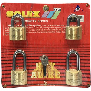 กุญแจคีย์อะไลท์ SOLEXMACH245 45 มม. 4 ตัว/ชุด SOLEX MACH245 45 MM./4 POLISHED BRASS KEY ALIKE PADLOCK 4EA/SET