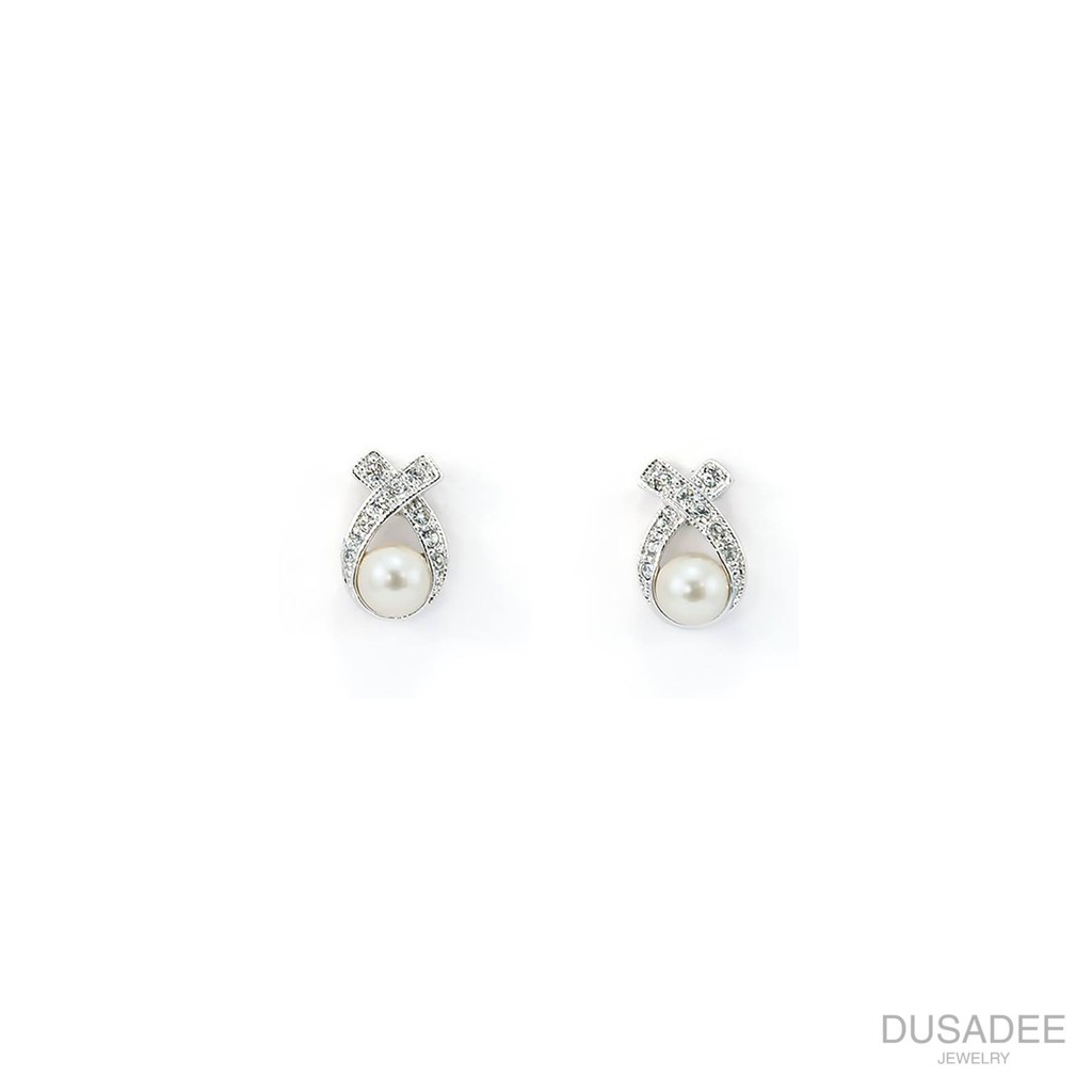 Ribbon Earrings ต่างหูเงินแท้ ชุบทองคำขาว ประดับเพชรสวิตน้ำ100 แบรนด์ Dusadee Jewelry