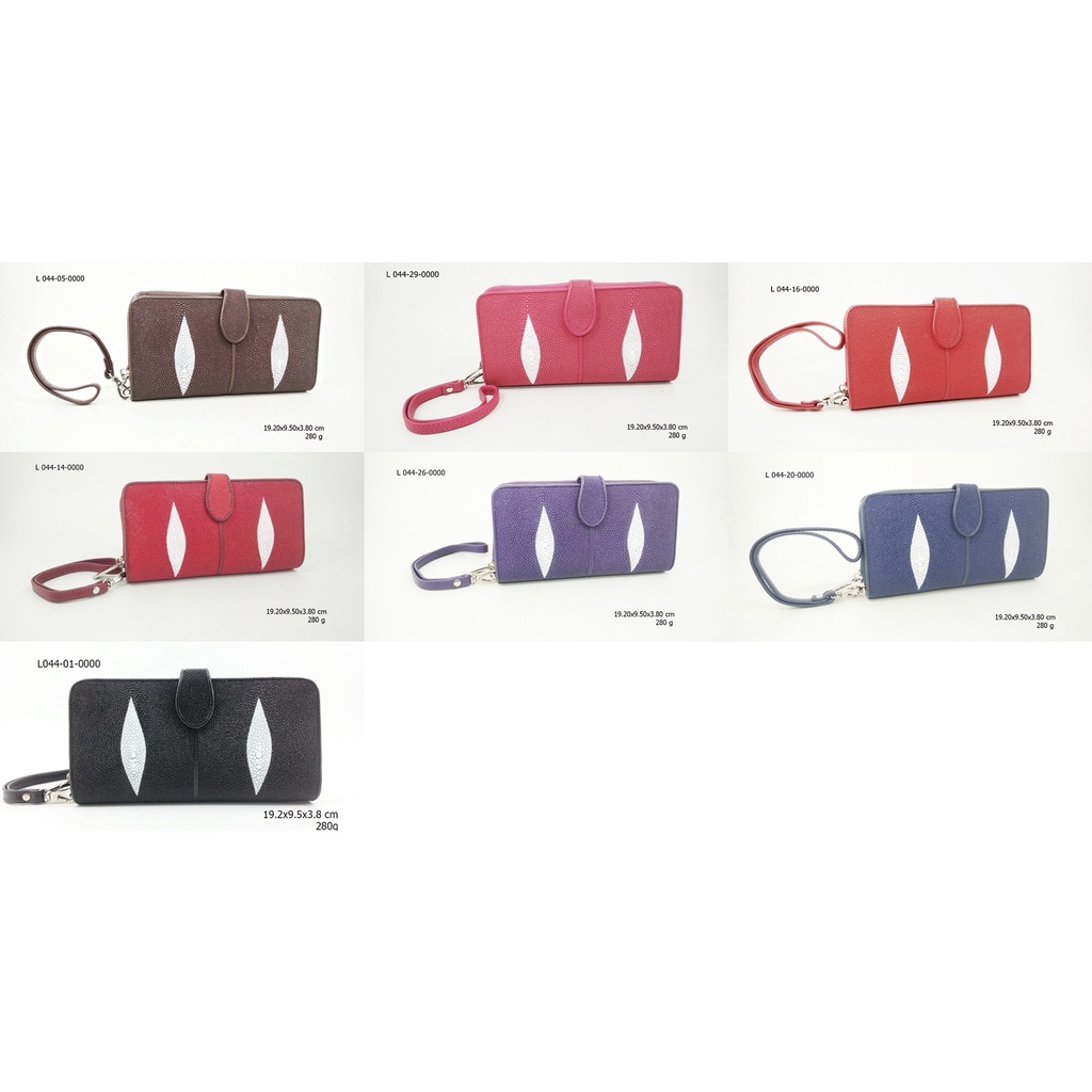 L 044  กระเป๋าหนังปลากระเบนแท้ 100% ซิปรอบใบ มีสายคาด สีพื้น